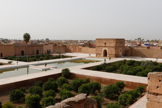 View from above onto El Badi Palace / Palais el Badii in the heart of the Medina of Marrakesh on a sunny spring day with no people (Marrakesh, Morocco, Africa)