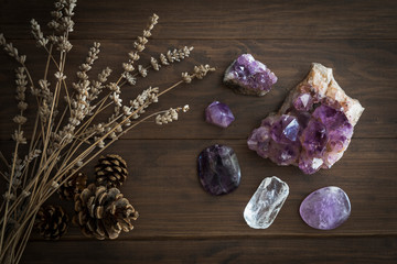 Selection of Amethyst Quartz and Purple Fluorite with Dried Lavender and Pine Cones