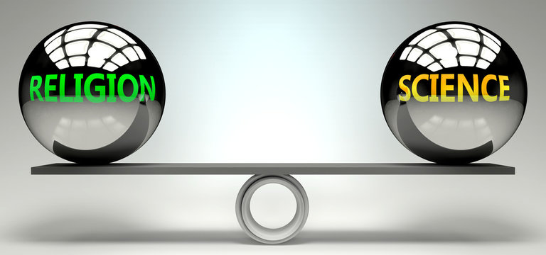 Religion and science balance, harmony and relation pictured as two equal balls with  text words showing abstract idea and symmetry between two symbols and real life concepts, 3d illustration