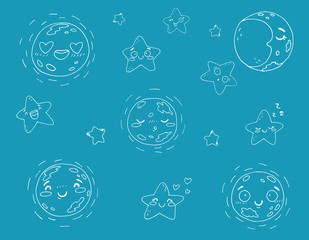 Set of cute moons and stars on blue background.