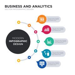 modern business infographic illustration design contains analytics monitor, auction, bar chart, bar stats, bars chart analysis simple vector icons. set of 5 isolated filled icons. editable sign and