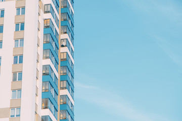 Parts of the facades of modern houses. Bright juicy colors in the construction of buildings.