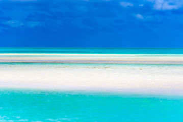 Fototapeta na wymiar View of the Sand Bank with turquoise calm Ocean , Aitutaki island, Cook Islands, South Pacific. Copy space for text. .