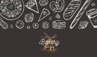 Bakery hand drawn vector top view illustration, collection. Hand drawn sketch with bread, pastry, sweets, cakes, coffee and croissant. Isolated objects