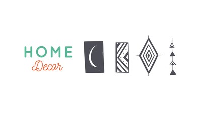 Home decor and House plants vector hand drawn set. Home decorations and interior design elements.Isolated boho and scandinavian cartoon sketches