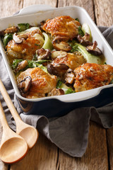 chicken thighs with baby bok choy, shiitake mushrooms and cheese sauce in a rustic style close-up on the table. vertical
