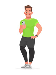 Handsome guy is holding smartphone in his hands. Fitness application for sports. Vector illustration