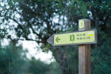 Hiking signs, Cork Oak - Alcornoque, Mediterranean forest, Sierra de San Pedro, Cáceres,...