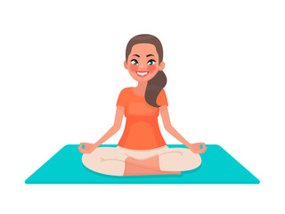 Yoga. A young girl is sitting in the lotus position. A woman is meditating. Vector illustration