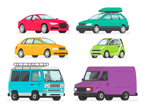 Set of cars. Vehicles, sports car, sedan, station wagon, electric car, minivan, truck. Auto collection