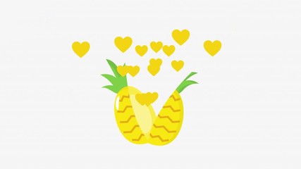 The cartoon pineapple is broken into two parts, the hearts fly out. Healthy fruit animation with white background. Alpha channel.
