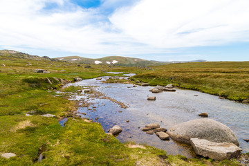 View over Snowy River in Kosciuszko National Park, NSW, Australia. Nature background with plants and vegetation.