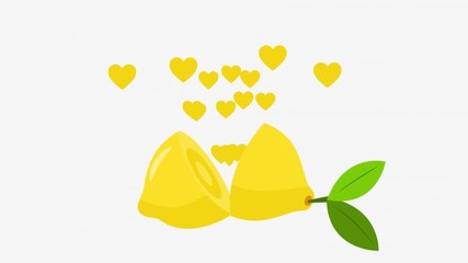 The cartoon lemon is broken into two parts, the hearts fly out. Cute fruit animation with white background. Alpha channel.