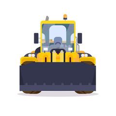 Front view of yellow bulldozer or wheel loader. Flat style vector illustration. Construction vehicle and quarry machinery banner. Modern excavator machine. Loader with front bucket, engine vehicle. © ikonstudio