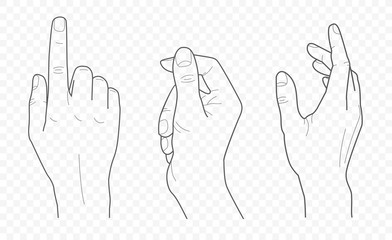 handdrown vector outline and contour illustration of hands with fingers in different gestures with open palms
