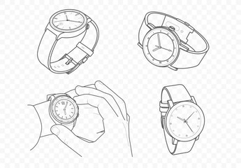 Vector outline luxury quartz and mechanic watches on hand for time control with minutes and hours