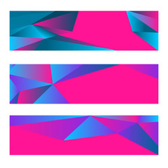 Set of three modern banners with polygonal background. Vector illustration composed of triangles. Blue, purple and pink colors.