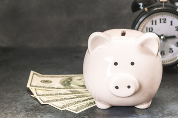 Piggy bank money on blue background