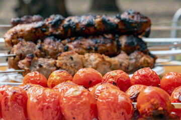 Meat and tomatoes on skewers roasted over an open fire close-up