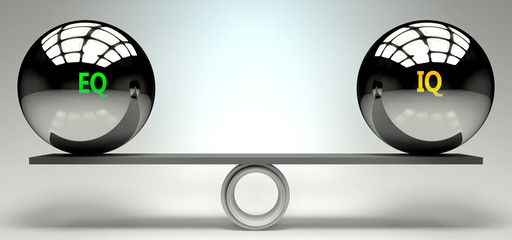 Eq and iq balance, harmony and relation pictured as two equal balls with  text words showing abstract idea and symmetry between two symbols and real life concepts, 3d illustration
