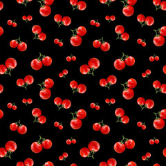 Vegetables seamless pattern on black background. Colorful modern design of tomato backdrop for printing.