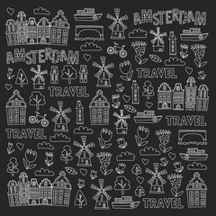 Vector pattern with Holland, Netherlands, Amsterdam icons. Doodle style.