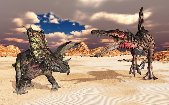 Die Dinosaurier Pentaceratops und Spinosaurus in einer Landschaft