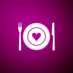 Heart on plate, fork and knife icon isolated on purple background. Happy Valentines day. Flat design. Vector Illustration