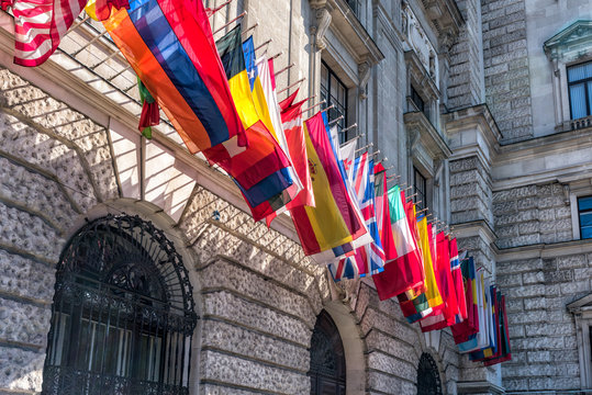 flag over the headquarters of the organization of the OSCE in Vienna Hofburg