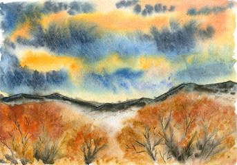 Autumn forest on the background of mountains and overcast sky. Watercolor landscape. - 255726833