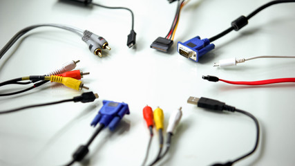 Different types of wire connectors for computer, modern pc technology, it sector