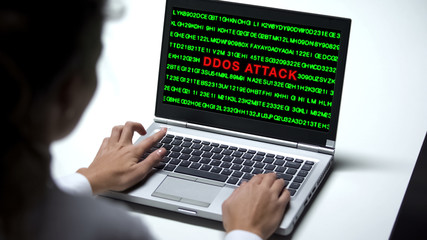 Ddos attack on laptop monitor, woman working in office, cybercrime protection
