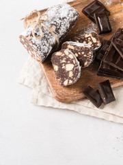 Traditional chocolate sausage salami with cocoa and chocolate