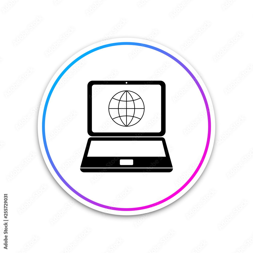 Poster globe on screen of laptop icon isolated on white background. notebook computer with globe sign. circ