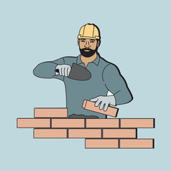 vector illustration of a worker building a brick wall, cartoon design