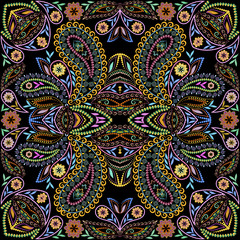 Bandana classic. Traditional ornamental ethnic  pattern with paisley and flowers. Vector print square