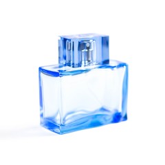 Blue bottle of men's toilet water. Close up. Isolated on white background