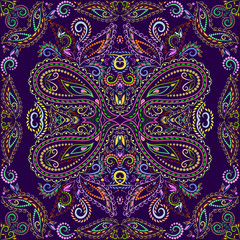 Bandana classic. Traditional ornamental ethnic  pattern with paisley and flowers. Vector print square