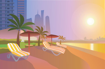 Flat vector illustration with the image of the beach. Beach with umbrellas. - 255730869