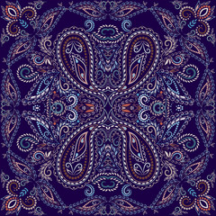 Bandana classic. Traditional ornamental ethnic  pattern with paisley and flowers. Vector print square
