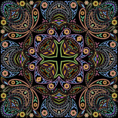 Bandana classic. Traditional ornamental ethnic  pattern with paisley and flowers. Vector print square