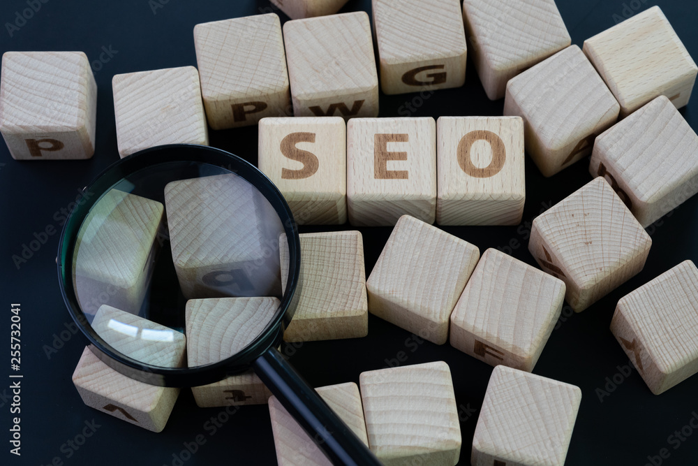 Poster seo, search engine optimization top ranking in search result page concept, magnifying glass with woo