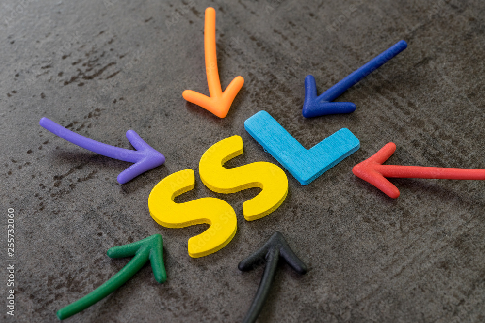Aufkleber ssl, secure sockets layer concept, multi color arrows pointing to the word ssl at the center of blac
