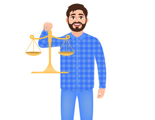 Bearded man holds scales, man weighs something, guy dressed in checkered shirt and jeans, character in cartoon style