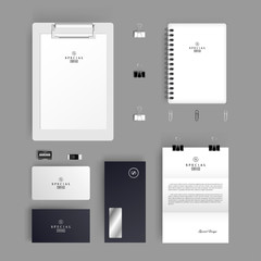Business Brand identity Pealistic Mock-up set with logo template. Corporate Brand Identity Stationery Mockup set minimalism grey colour design on grey background