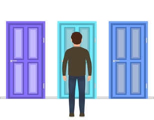 Man standing in front of 3 closed doors. The choice of life path. Man before choosing.