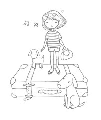 Happy Travel. Cute cartoon girl, dog and suitcases. Bon Voyage