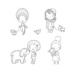 People with pets. Cute cartoon women with dogs. - Vector