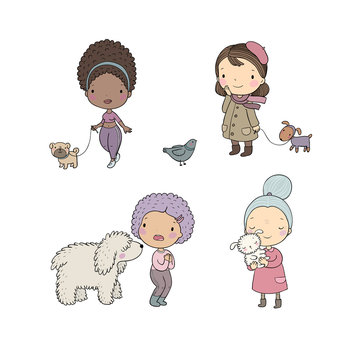 People with pets. Cute cartoon women with dogs. - Vector