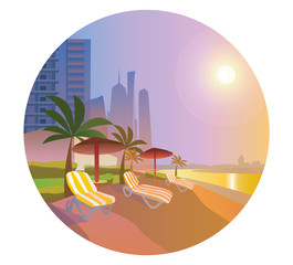 Flat vector illustration with the image of the beach in a circle. Beach with umbrellas. - 255733223